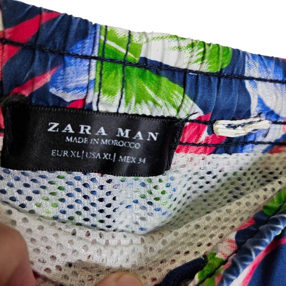 Zara Man Floral Print Swim Trunks Navy Multicolor Tropical‎ Mesh Lining XL - Picture 3 of 8